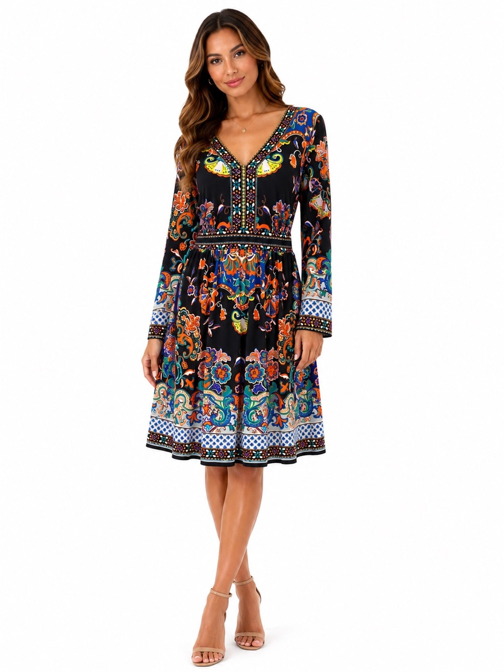 ECI Black Midi Dress with Multicolor Floral Paisley Print